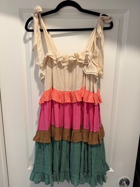 Aakaa Cream Peach Pink Brown Green Ruffle Linen Dress